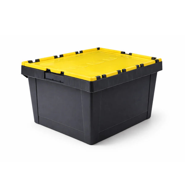 Attached Lid Storage Box - Black with Yellow Lid - 60 Litre