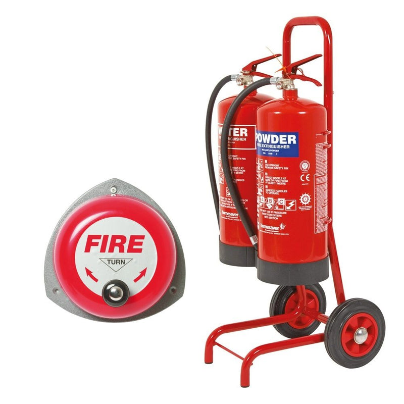 Double Fire Trolley With Rotary Hand Bell, 9 Litre Water Extinguisher and 9kg Dry Powder Extinguisher